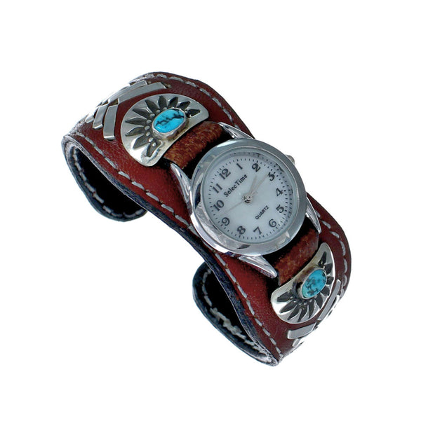 Genuine Navajo Turquoise Sterling Silver Leather Cuff Watch NN20306