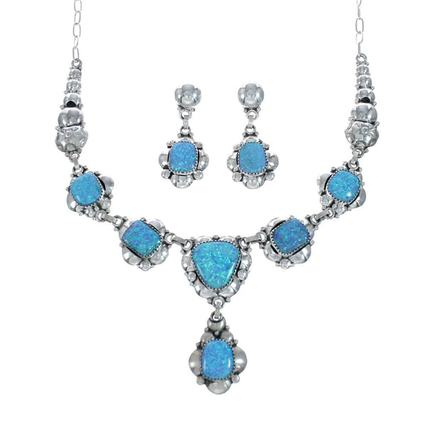 Genuine Sterling Silver Blue Opal Navajo Link Necklace And Earrings Set NN20318