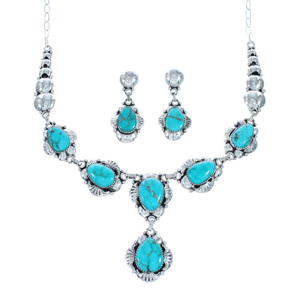 Genuine Sterling Silver Turquoise Navajo Link Necklace And Earrings Set NN20320