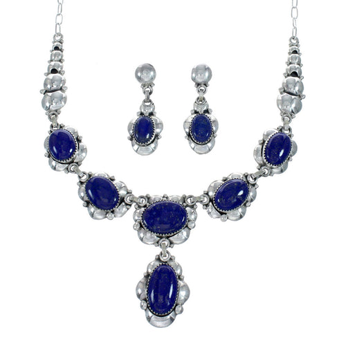 Genuine Sterling Silver Lapis Navajo Link Necklace And Earrings Set NN20324