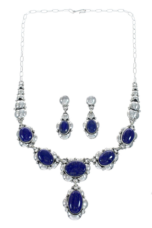 Genuine Sterling Silver Lapis Navajo Link Necklace And Earrings Set NN20324