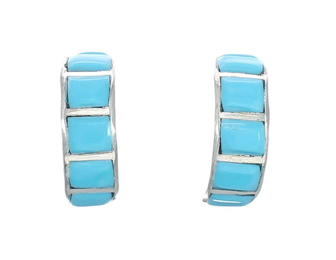 Authentic Sterling Silver And Turquoise Inlay Zuni Post Hoop Earrings NN20378
