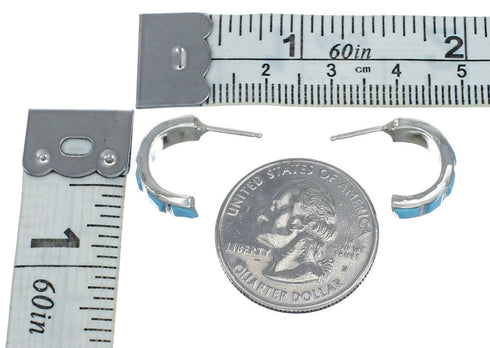 Authentic Sterling Silver And Turquoise Inlay Zuni Post Hoop Earrings NN20378