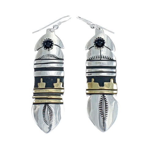 Native American Sterling Silver 12 Karat Gold Filled And Onyx Hook Dangle Earrings NN20359