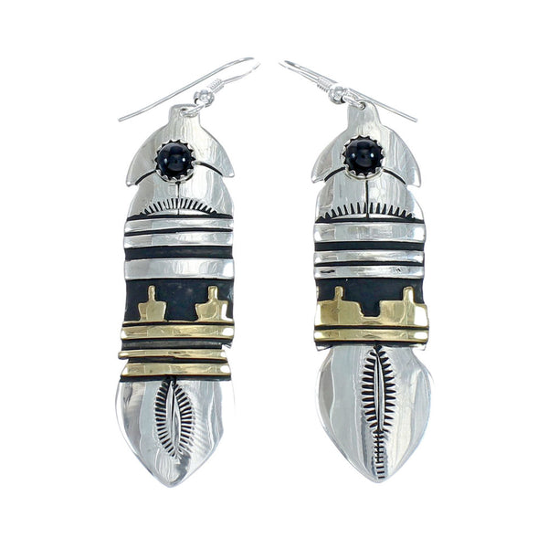 Native American Sterling Silver 12 Karat Gold Filled And Onyx Hook Dangle Earrings NN20359