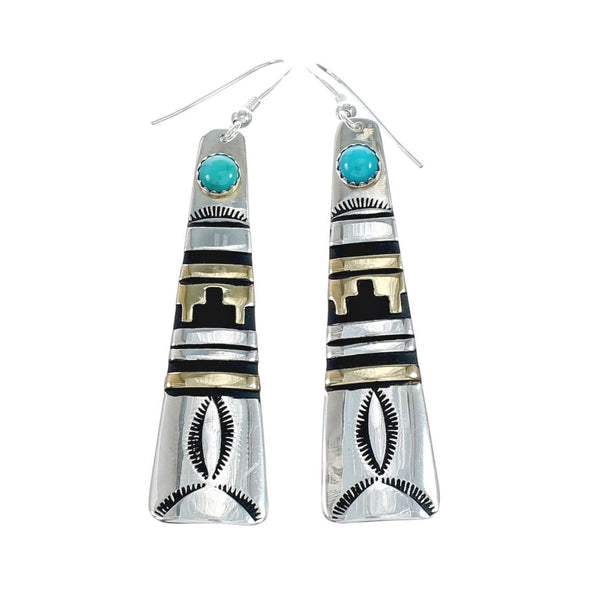 Native American Sterling Silver 12 Karat Gold Filled And Turquoise Hook Dangle Earrings NN20356