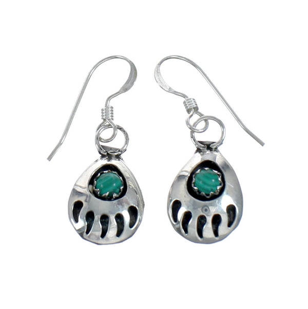 Genuine Sterling Silver Malachite Bear Paw Navajo Indian Dangle Earrings NN20312