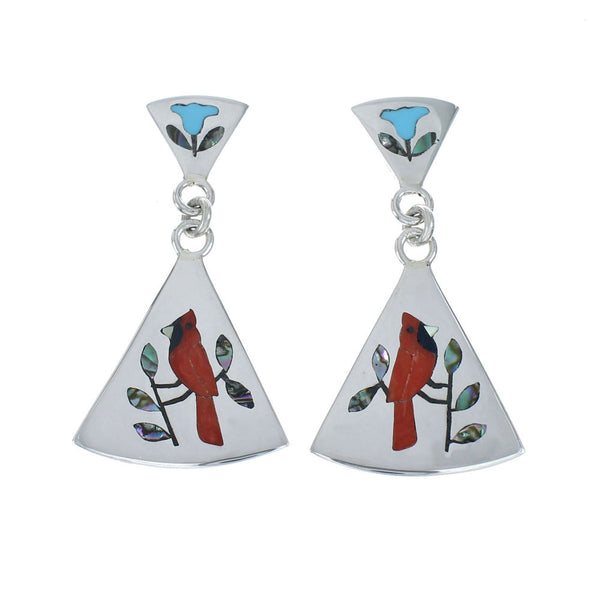 Multicolor Inlay Cardinal Genuine Sterling Silver Zuni Earrings NN20334