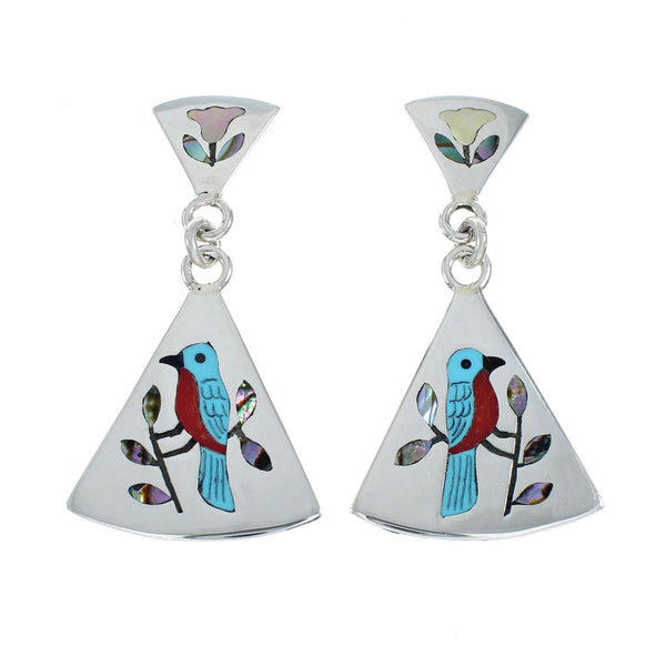 Multicolor Inlay Western Bluebird Genuine Sterling Silver Zuni Earrings NN20346