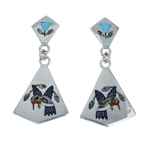 Multicolor Inlay Humming Bird Genuine Sterling Silver Zuni Earrings NN20342