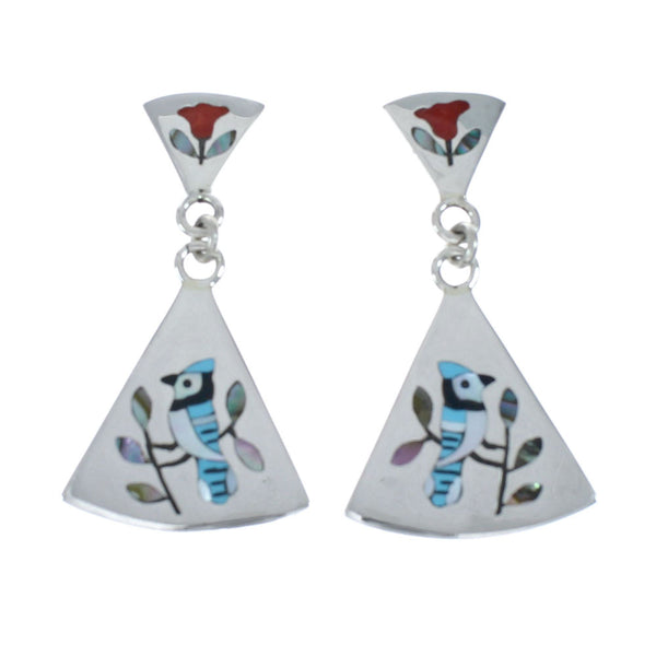 Multicolor Inlay Blue Jay Genuine Sterling Silver Zuni Earrings NN20332