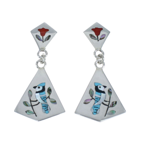 Multicolor Inlay Blue Jay Genuine Sterling Silver Zuni Earrings NN20331