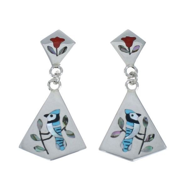 Multicolor Inlay Blue Jay Genuine Sterling Silver Zuni Earrings NN20331