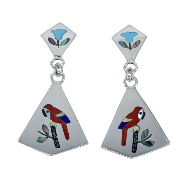 Multicolor Inlay Parrot Genuine Sterling Silver Zuni Earrings NN20339