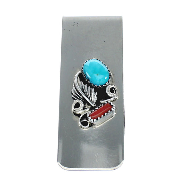 Navajo Turquoise And Coral Sterling Silver Money Clip NN20364