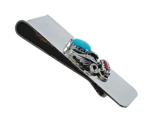 Navajo Turquoise And Coral Sterling Silver Money Clip NN20364