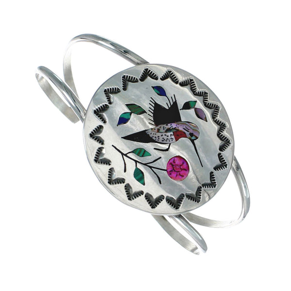 Multicolor Inlay Genuine Sterling Silver Navajo Hummingbird Cuff Bracelet NX11589