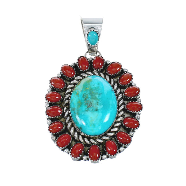 Native American Turquoise and Coral Multi-Stone Sterling Silver Pendant NN20504