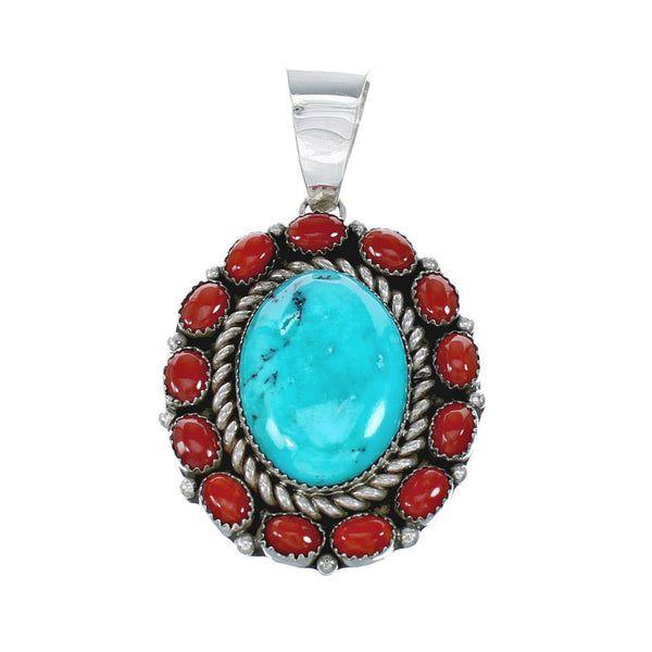 Navajo Turquoise and Coral Multi-Stone Sterling Silver Pendant NN20500