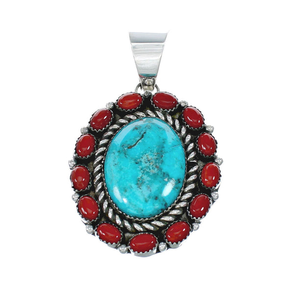 Navajo Turquoise and Coral Multi-Stone Sterling Silver Pendant NN20502