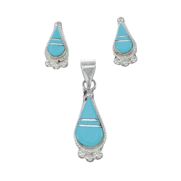 Zuni Turquoise Inlay Pendant Earrings Jewelry Set NN20533