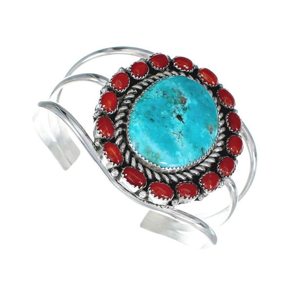 Native American Turquoise and Coral Multi-Stone Sterling Silver Cuff Bracelet NN20507
