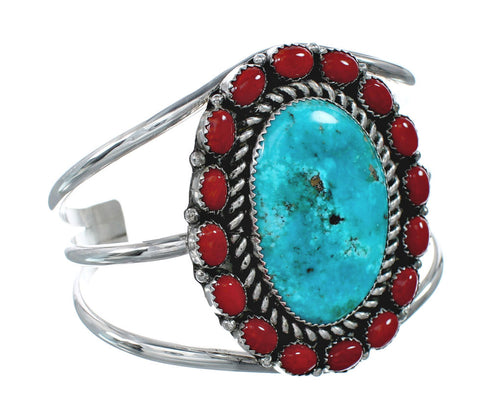 Native American Turquoise and Coral Multi-Stone Sterling Silver Cuff Bracelet NN20507