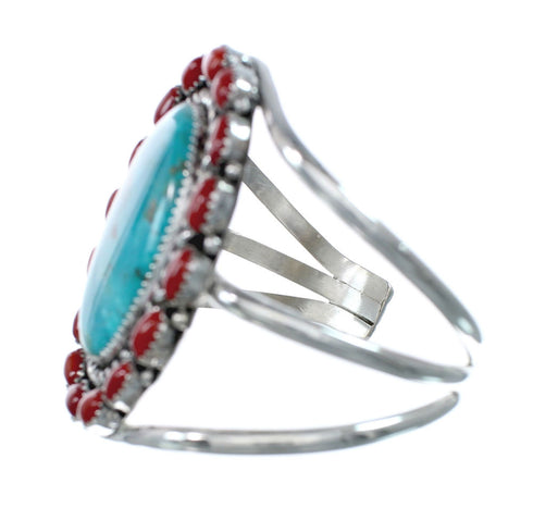 Native American Turquoise and Coral Multi-Stone Sterling Silver Cuff Bracelet NN20507