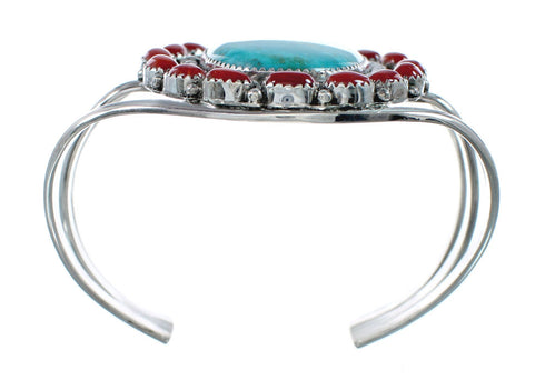 Native American Turquoise and Coral Multi-Stone Sterling Silver Cuff Bracelet NN20507