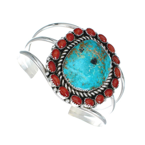 Native American Turquoise and Coral Multi-Stone Sterling Silver Cuff Bracelet NN20505