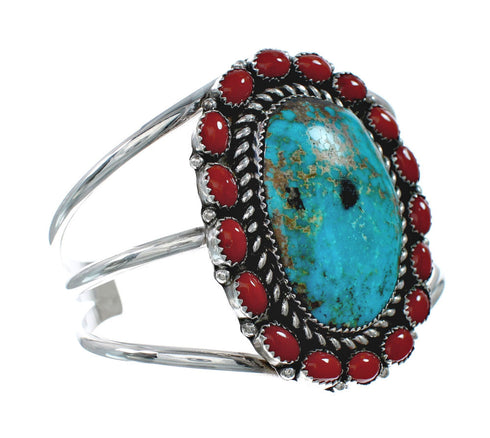 Native American Turquoise and Coral Multi-Stone Sterling Silver Cuff Bracelet NN20505