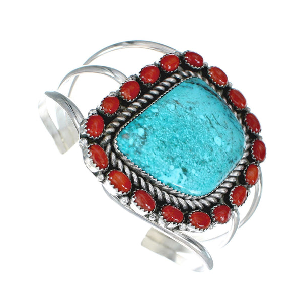 Native American Turquoise and Coral Multi-Stone Sterling Silver Cuff Bracelet NN20506