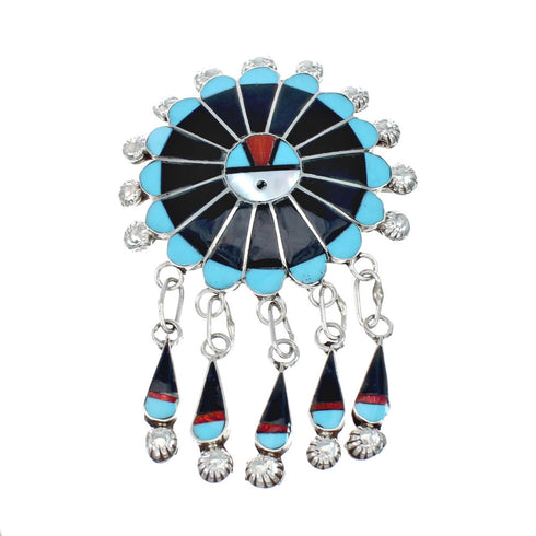 Multicolor Inlay Zuni Sun Sterling Silver Pin Pendant NX11697