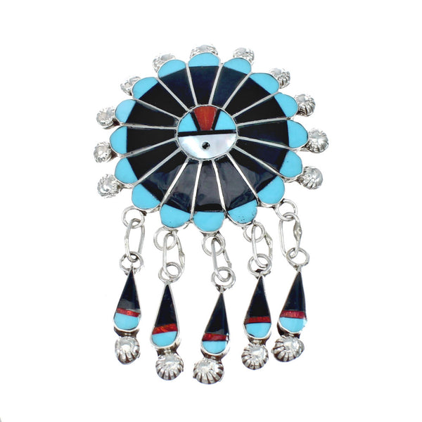 Multicolor Inlay Zuni Sun Sterling Silver Pin Pendant NX11697