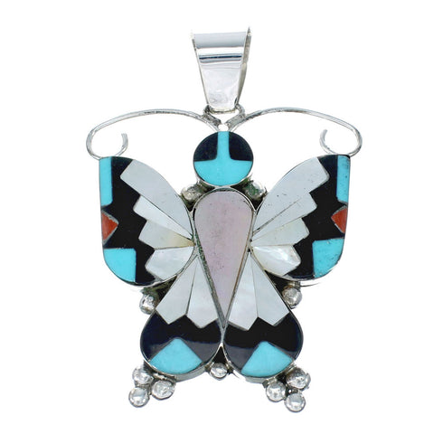 Native American Zuni Multicolor Sterling Silver Butterfly Pendant And Pin NX11695