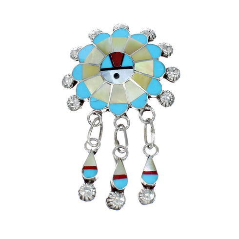 Multicolor Inlay Zuni Sun Sterling Silver Pin Pendant NX11729