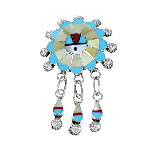 Multicolor Inlay Zuni Sun Sterling Silver Pin Pendant NX11729