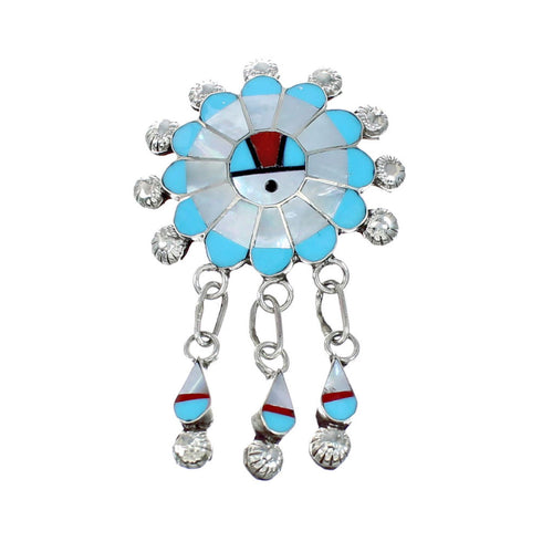 Multicolor Inlay Zuni Sun Sterling Silver Pin Pendant NX11730
