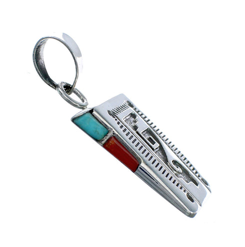 Navajo Turquoise And Coral Sterling Silver Pendant NX11686