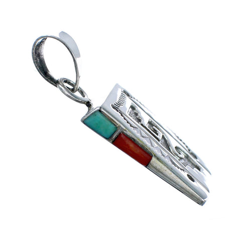 Navajo Turquoise And Coral Sterling Silver Pendant NX11687