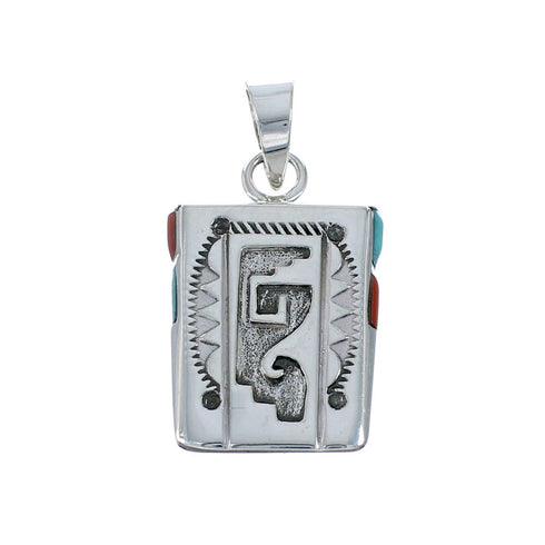 Navajo Turquoise And Coral Sterling Silver Pendant NX11688