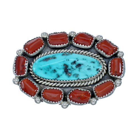 Native American Turquoise and Coral Multi-Stone Sterling Silver Pin NN20862