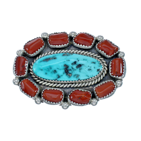 Native American Turquoise and Coral Multi-Stone Sterling Silver Pin NN20862
