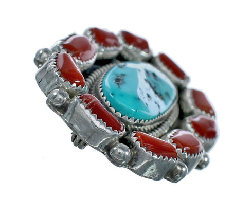 Native American Turquoise and Coral Multi-Stone Sterling Silver Pin NN20862