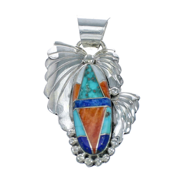 Native American Navajo Sterling Silver Leaf Multicolor Inlay Pendant NN20857