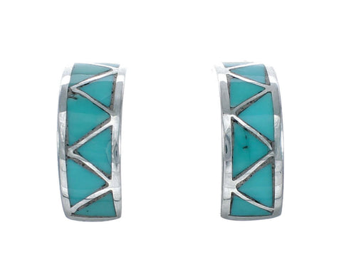 Zuni Turquoise Inlay Genuine Sterling Silver Post Hoop Earrings NN20859