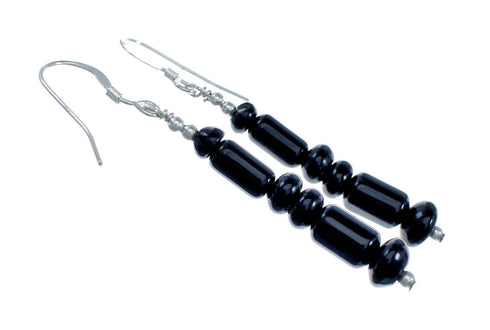 Navajo Sterling Silver Onyx Bead Hook Dangle Earrings NN20860