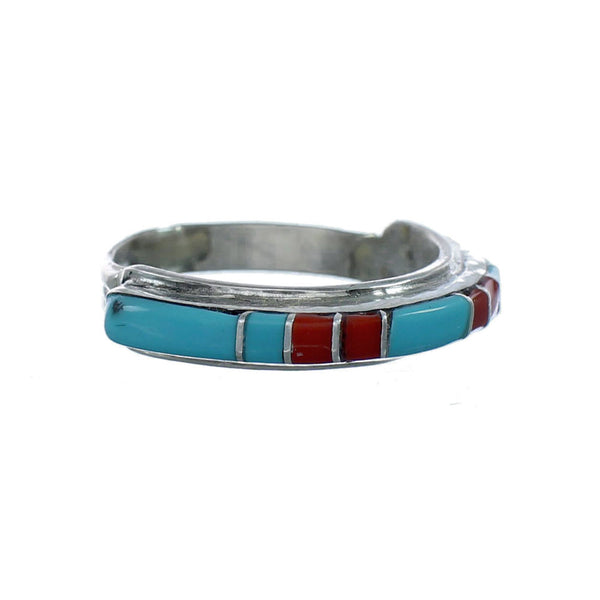 Zuni Jewelry Turquoise and Coral Inlay Sterling Silver Ring Size 7-3/4 NN20593