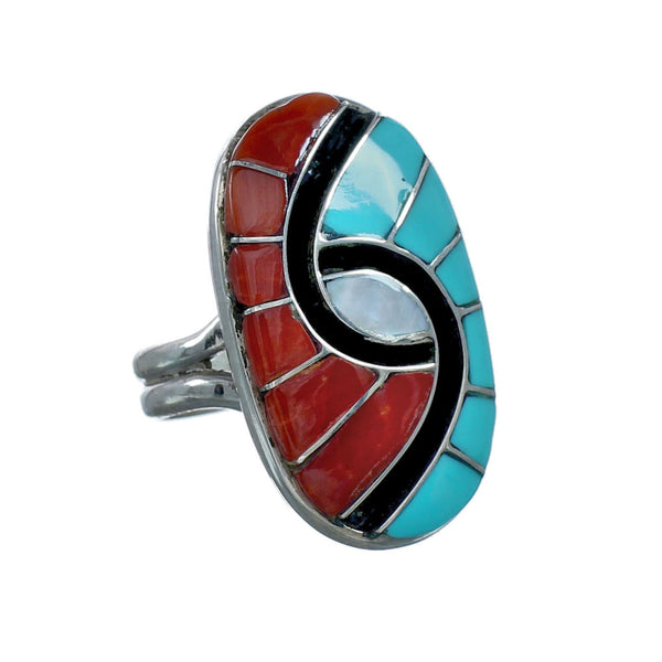 Sterling Silver Turquoise Coral Inlay Ring Size 7-3/4 NN20603