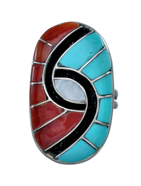Sterling Silver Turquoise Coral Inlay Ring Size 7-3/4 NN20603